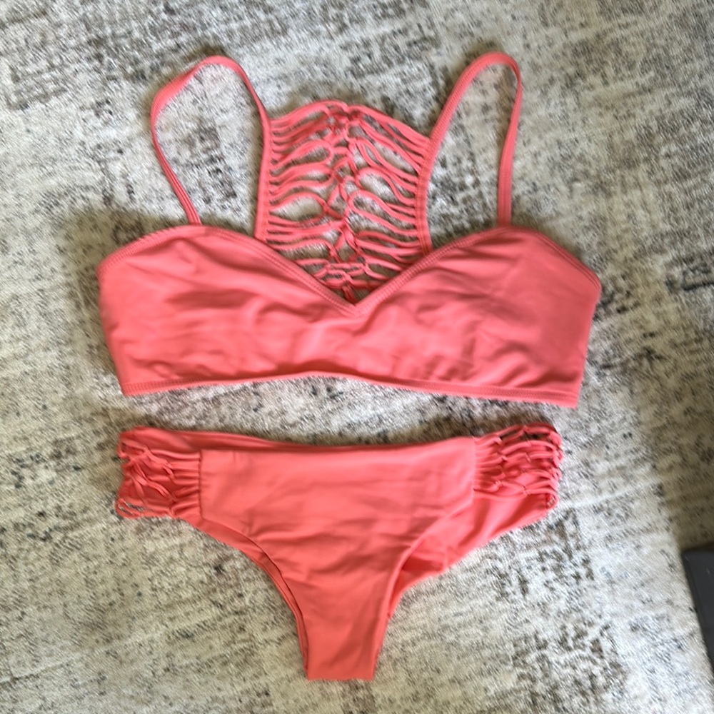 Siempre Golden Coral Lace-Up Bikini Set